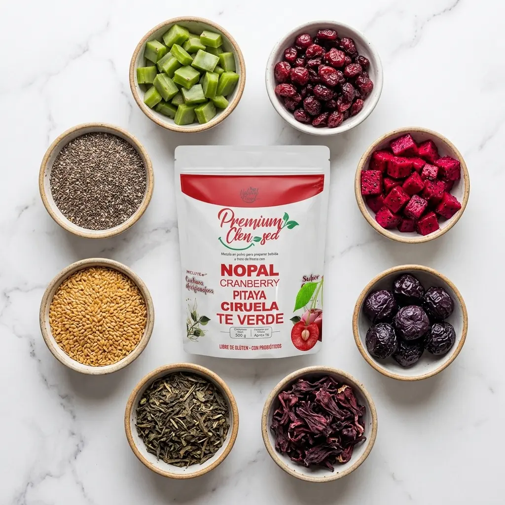 Ingredientes de la Fibra de Nopal: nopal, cranberry, pitaya, ciruela, flor de Jamaica, té verde, linaza y chía alrededor de la bolsa